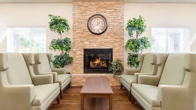 Comfortable seating area with fireplace and plants