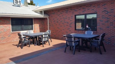 Outdoor patio area with seating