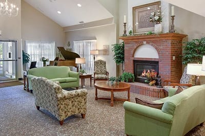 Cozy common area with seating and fireplace
