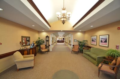 Interior hallway with seating and decorative elements