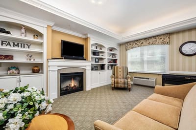 Interior common area with seating and fireplace