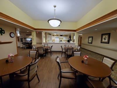 Interior view of a dining area with tables