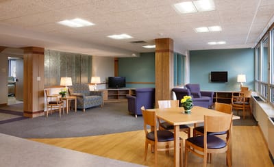 Interior lounge area with seating and tables