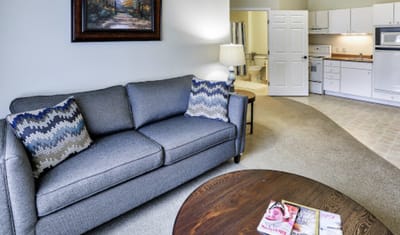 Cozy senior living room with a couch and kitchenette