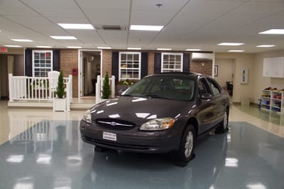 Interior view of a vehicle in a facility.