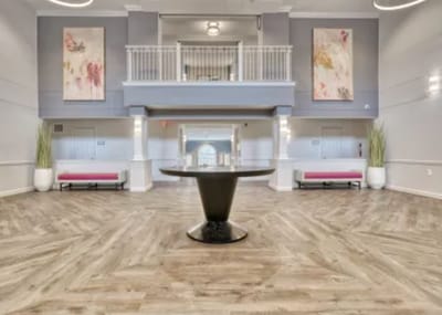 Bright lobby area with modern decor and seating