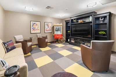A cozy common area with seating and decor