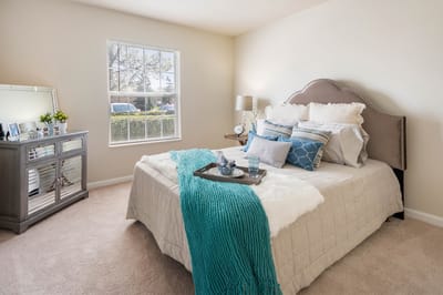 Well-decorated resident room with a bed and window
