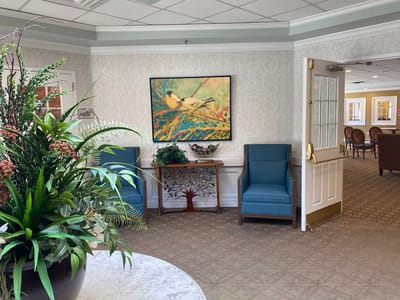 Interior view of a common area with seating.