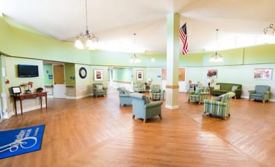 Bright common area with seating and decor