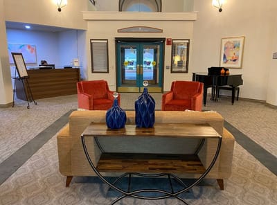 Interior view of a common area with seating and decor