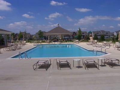 Swimming pool area surrounded by lounge chairs