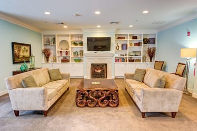 Cozy lounge area with comfortable sofas and decor