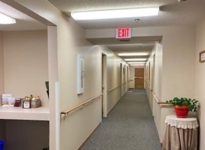 A hallway view in a senior care facility