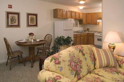 Cozy apartment interior with kitchen and dining area