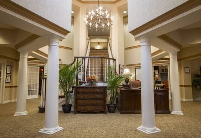 Lobby area with chandelier and seating