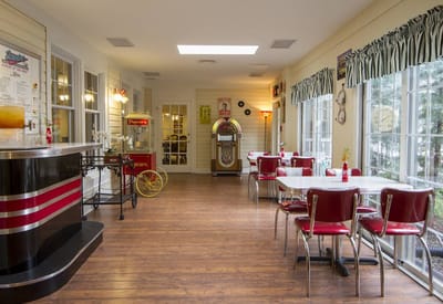 Vibrant interior of a dining area with retro decor