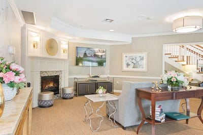 Bright and cozy lobby area with floral decorations