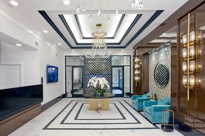 Elegant lobby area with modern decor and lighting