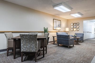 Bright common area in a senior living facility