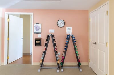 Exercise area with dumbbells and clock on the wall