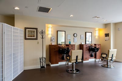 Interior of a hair salon with styling chairs