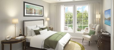 Bright interior of a private resident room with garden view