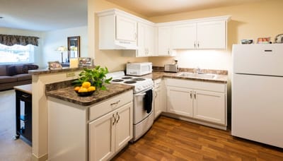 Bright kitchen area in a resident's apartment