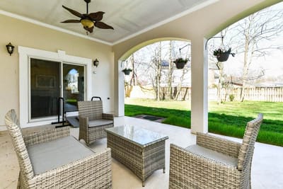 Outdoor seating area with wicker furniture