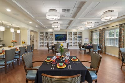 Dining area set for a meal with decorative plates
