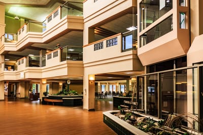 Bright and spacious interior common area with plants