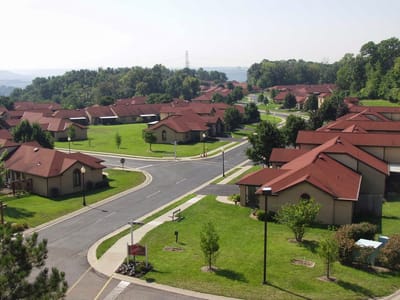 Aerial view of a senior living community with houses