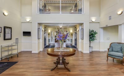 Interior view of the lobby with a welcome table