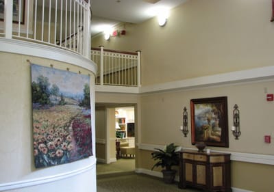Interior view of a common area with art and decor
