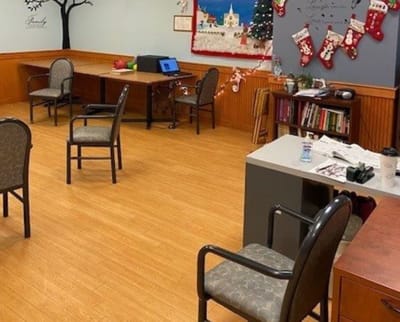 Common area with chairs and decorations