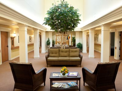 Bright interior common area with seating and greenery