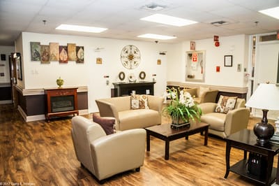Common area with seating and decorative elements