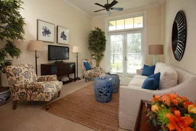 Bright interior lounge with seating and decor
