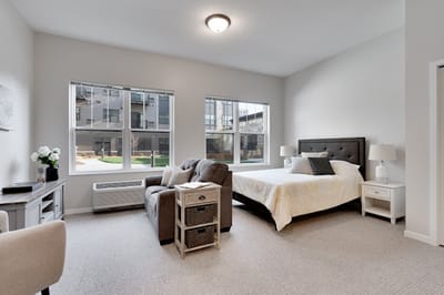A bright, spacious resident room with modern furnishings
