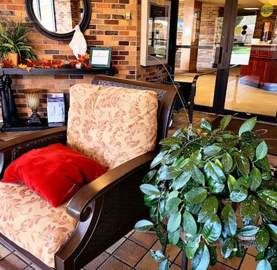 Cozy lobby area with seating and decor