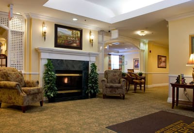 Cozy common area with seating and fireplace