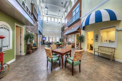 A bright common area with seating and decor
