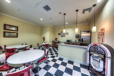 Dining area with retro decor and jukebox