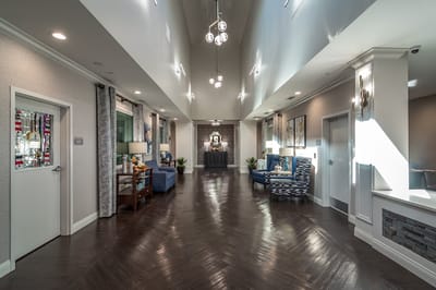 Bright interior common area with seating and decor