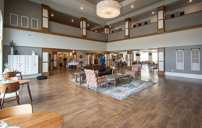 Bright and spacious common area with seating