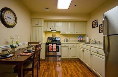 Well-equipped kitchen in a senior living apartment