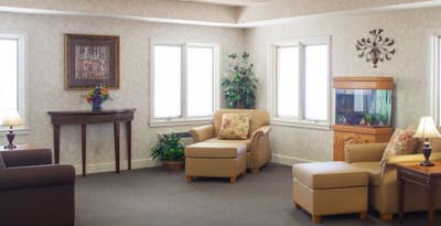 Bright common area with comfortable seating and decor