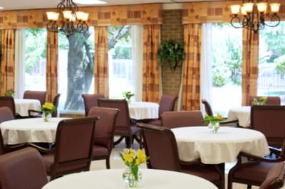 Bright dining area with decorated tables and chairs