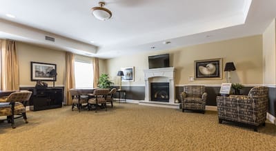 Interior common area with seating and fireplace