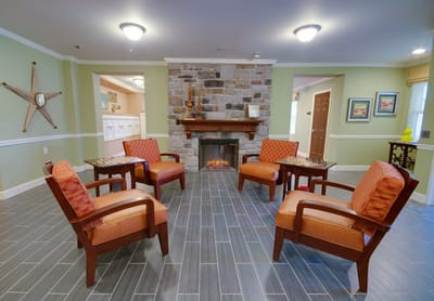 Cozy common area with seating and decorative details